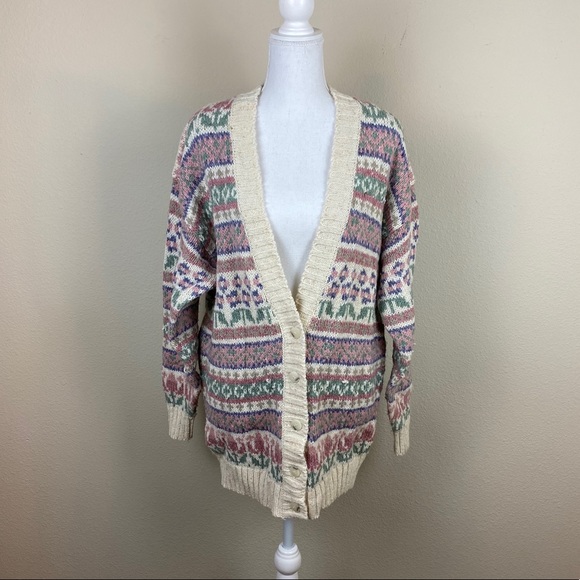 VTG Liz Sport Cream Pink & Light Green Chunky Button Up Cardigan Sweater - Picture 9 of 15